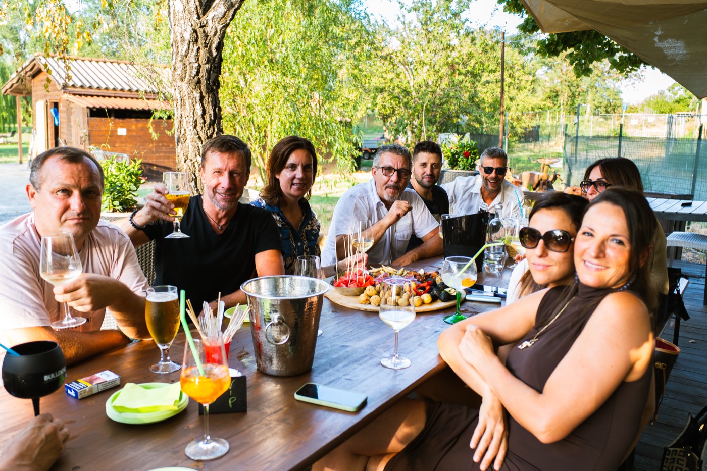 Amici brindano a una tavolata durante un aperitivo di gruppo ai Laghi di Castello